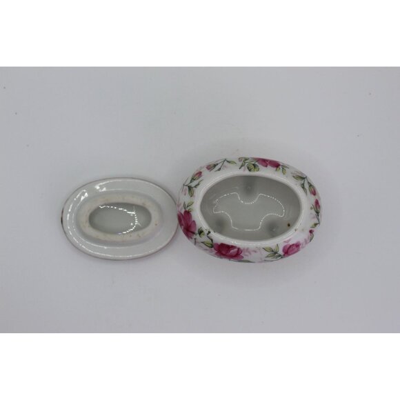 Vintage Floral Porcelain Footed Trinket Box With Lid & Gold Accents - Picture 6 of 9